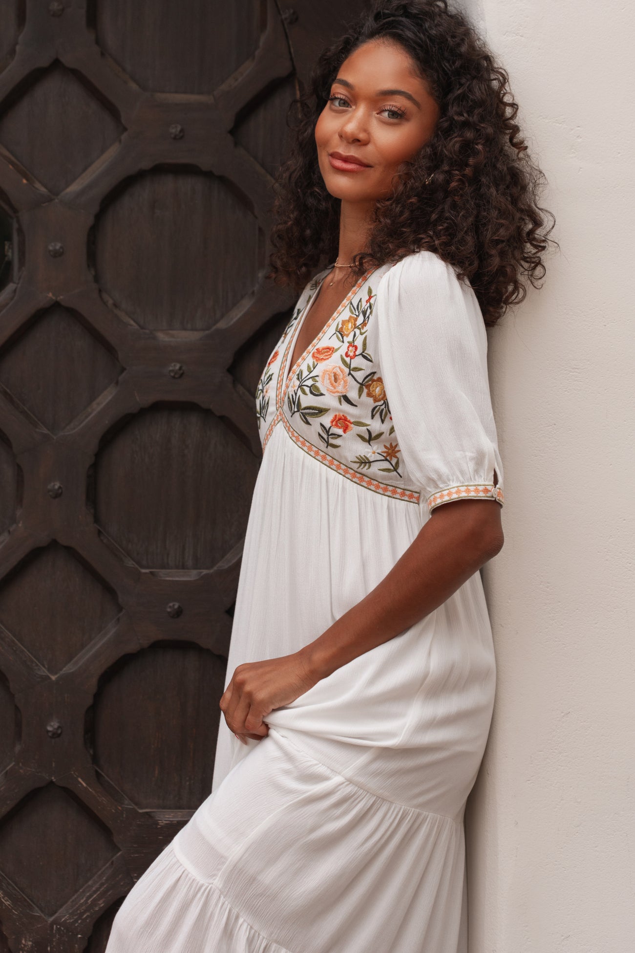 ivory floral embroidered maternity midi dress Ivory Floral Embroidered Puffed Sleeve Maternity Midi Dress PinkBlush