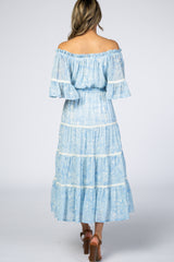 Light Blue Printed Off Shoulder Maxi Dress