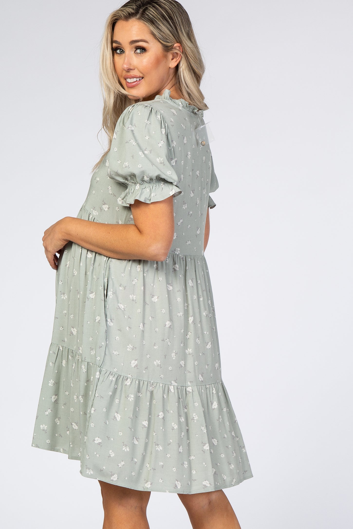 Mint Floral Tiered Maternity Dress PinkBlush
