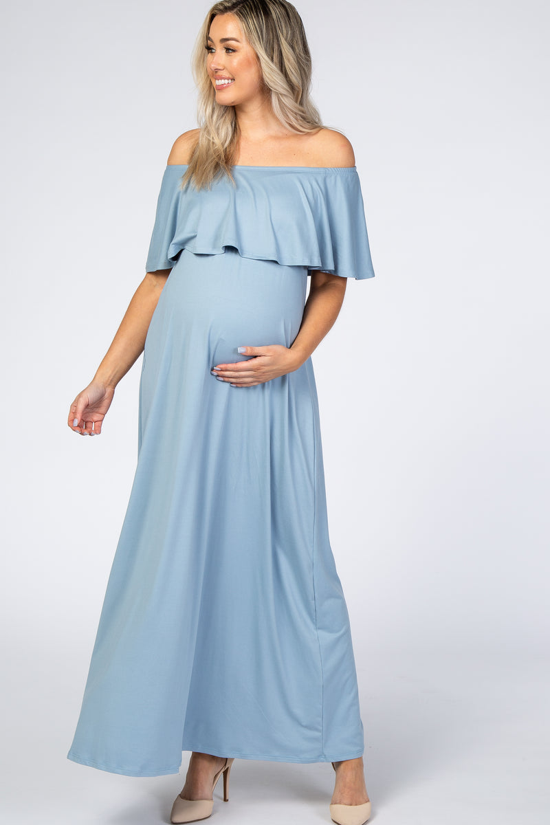 Light Blue Off Shoulder Maxi Maternity Dress– PinkBlush