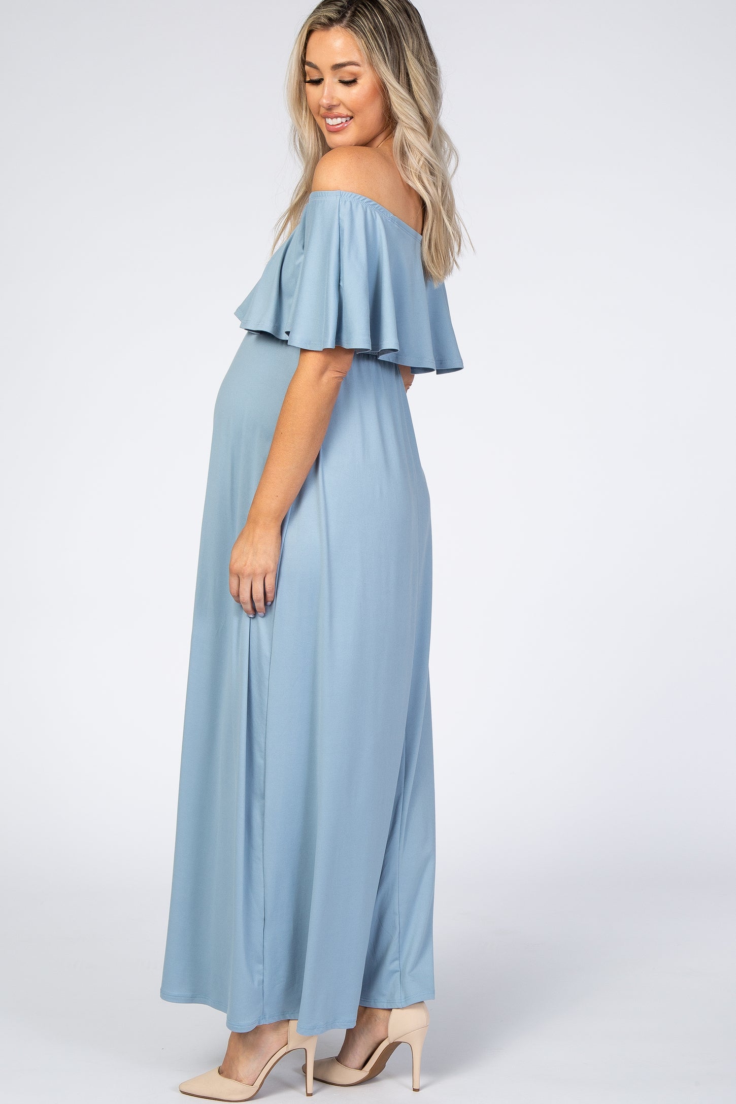 Light Blue Off Shoulder Maxi Maternity Dress