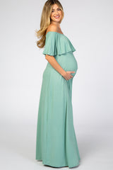 Light Olive Off Shoulder Maxi Maternity Dress
