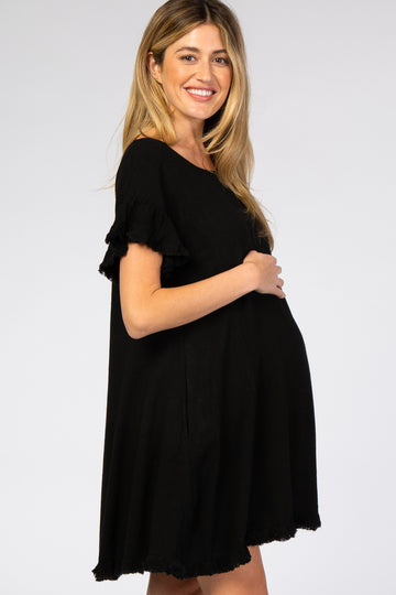 Black Fringe Linen Maternity Dress
