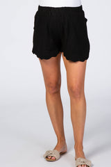Black Scalloped Hem Linen Maternity Shorts