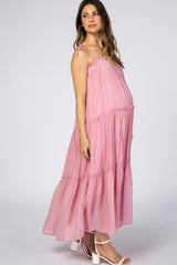 Pink Tie Strap Ruffle Maternity Maxi Dress