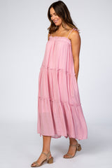 Pink Tie Strap Ruffle Maxi Dress