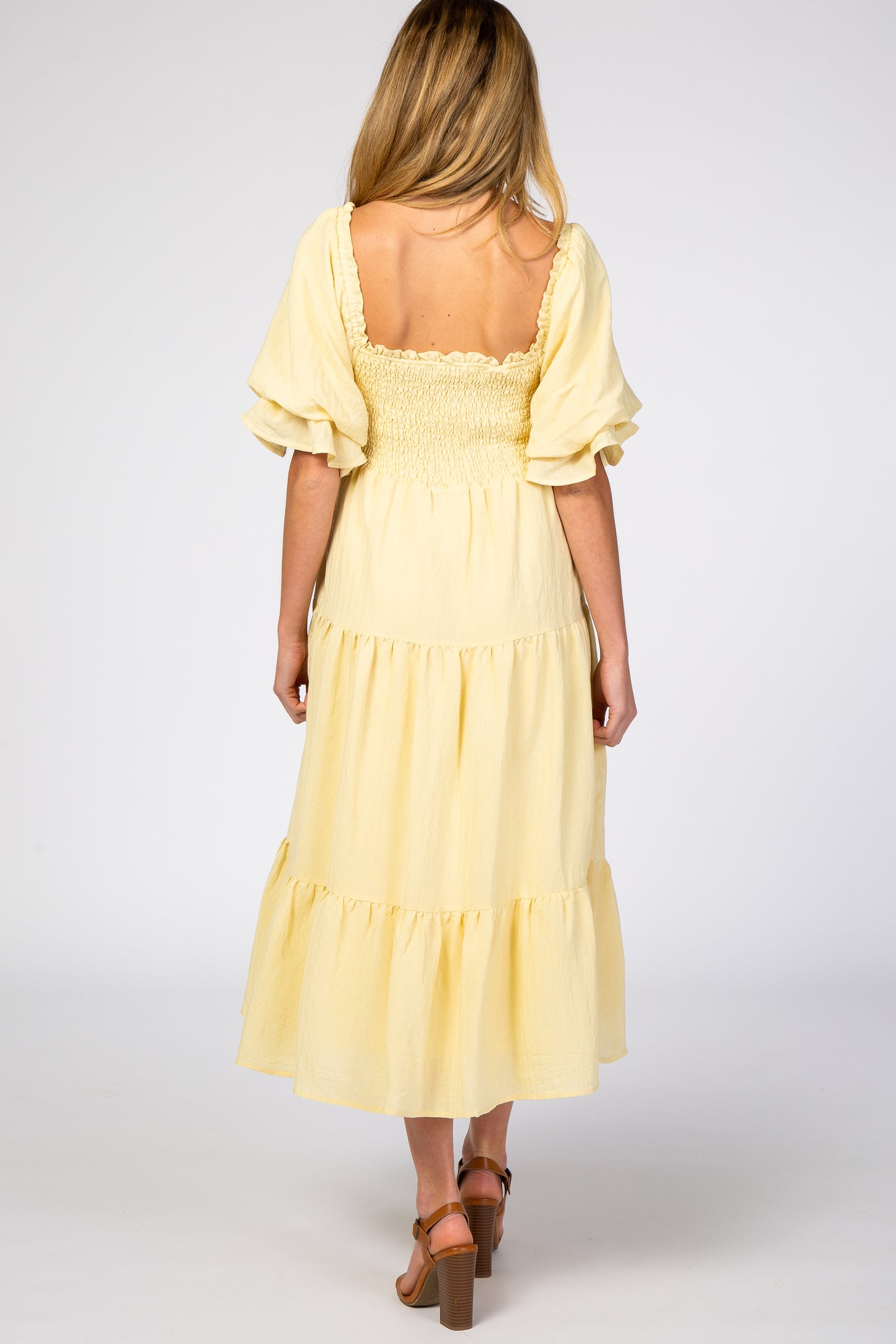 Yellow Smocked Tiered Maternity Dress