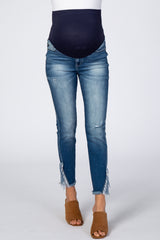 Navy Blue Slit Fringe Hem Maternity Skinny Jeans