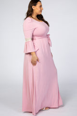 Light Pink Sash Tie Crochet Accent Plus Maxi Dress