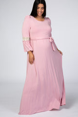 Light Pink Sash Tie Crochet Accent Plus Maternity Maxi Dress