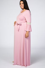 Light Pink Sash Tie Crochet Accent Plus Maternity Maxi Dress