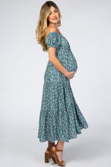 Teal Floral Off Shoulder Tiered Maternity Dress