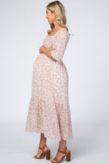 Light Pink Floral Smocked Maternity Midi Dress