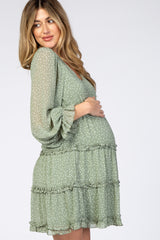 Light Olive Dot Print Ruffle Tier Maternity Dress