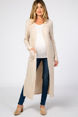 Beige Ribbed Long Sleeve Maternity Duster Cardigan
