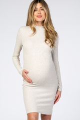 Beige Ribbed Mock Neck Fitted Maternity Dress