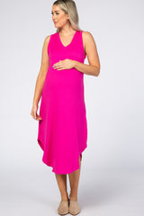 Fuchsia V-Neck Sleeveless Maternity Midi Dress