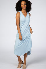 Light Blue V-Neck Sleeveless Midi Dress