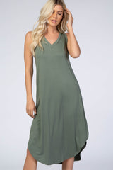 Light Olive V-Neck Sleeveless Midi Dress
