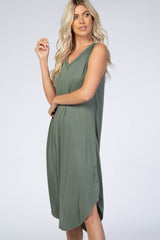 Light Olive V-Neck Sleeveless Midi Dress