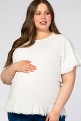 White Short Sleeve Fringe Ruffle Trim Plus Maternity Blouse