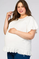 White Short Sleeve Fringe Ruffle Trim Plus Maternity Blouse