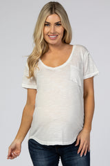 White Scoop Neck Pocket Front Maternity Top