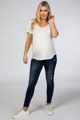 White Scoop Neck Pocket Front Maternity Top
