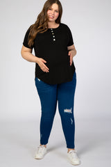 Black Button Front Maternity Plus Short Sleeve Top