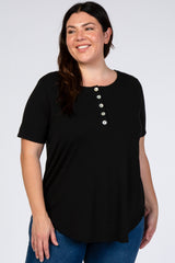 Black Button Front Maternity Plus Short Sleeve Top
