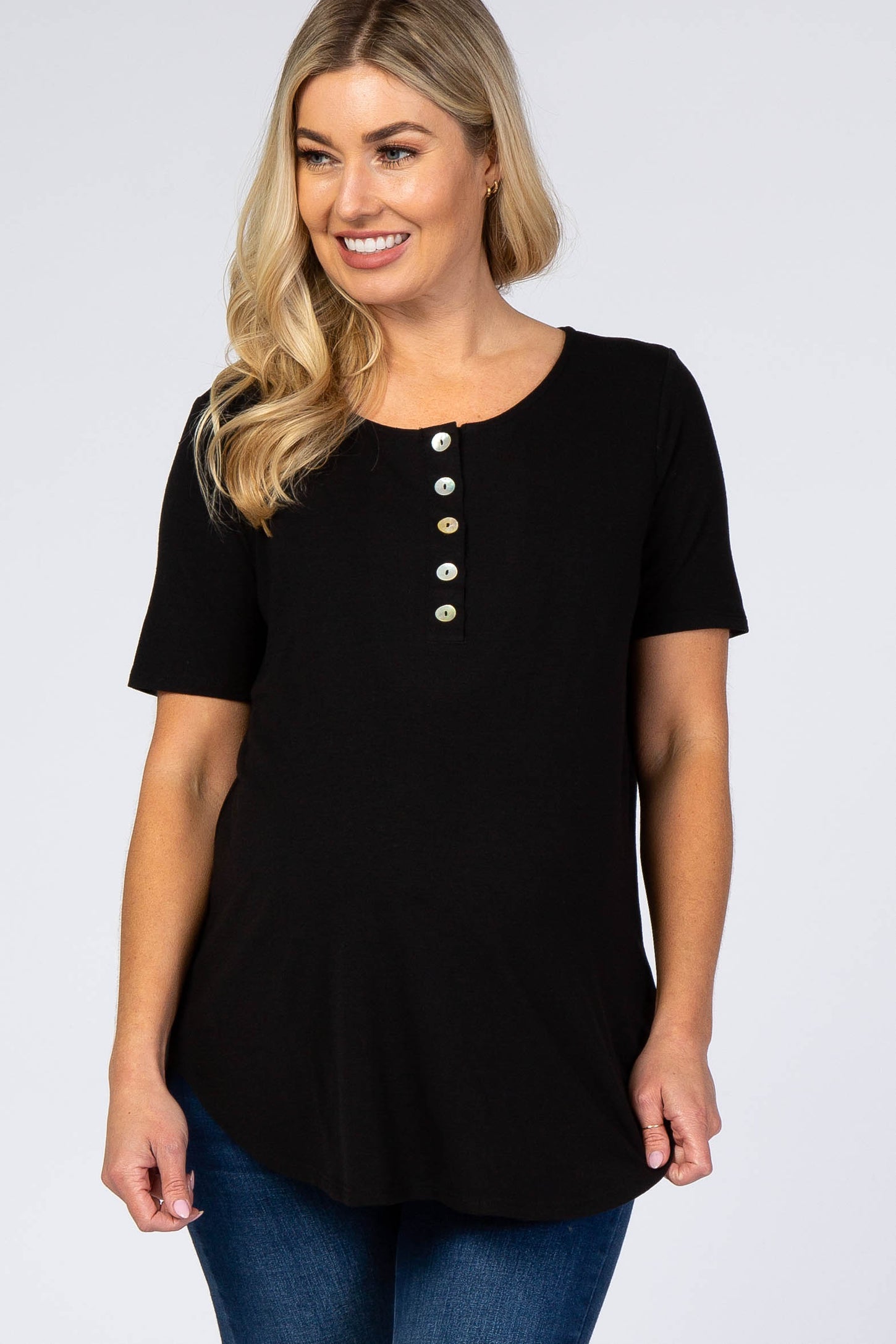 Black Button Down Short Sleeve Maternity Top