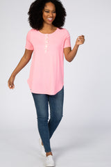 Neon Pink Button Down Short Sleeve Top