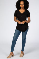 Black Ribbed Short Sleeve Button Detail Top