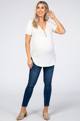 Ivory Ribbed Short Sleeve Button Detail Maternity Top