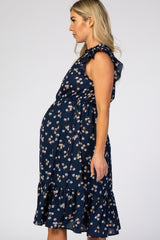 Navy Blue Floral Ruffle Hem Maternity Midi Dress