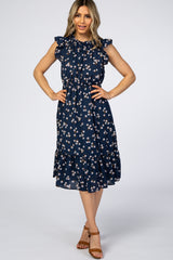 Navy Blue Floral Ruffle Hem Maternity Midi Dress