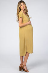 Mustard Raw Hem Short Sleeve Maternity Midi Dress