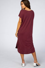 Burgundy Raw Hem Short Sleeve Maternity Midi Dress
