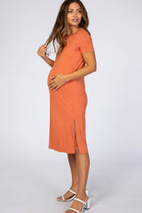 Orange Basic Side Slit Maternity Midi Dress