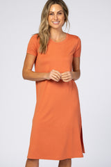 Orange Basic Side Slit Midi Dress