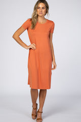Orange Basic Side Slit Midi Dress