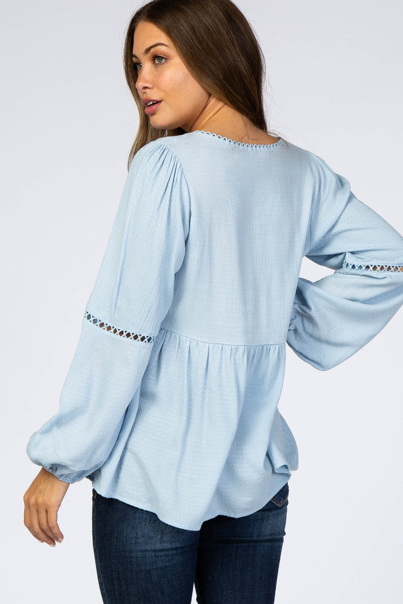 Light Blue Textured Crochet Trim Maternity Blouse– PinkBlush