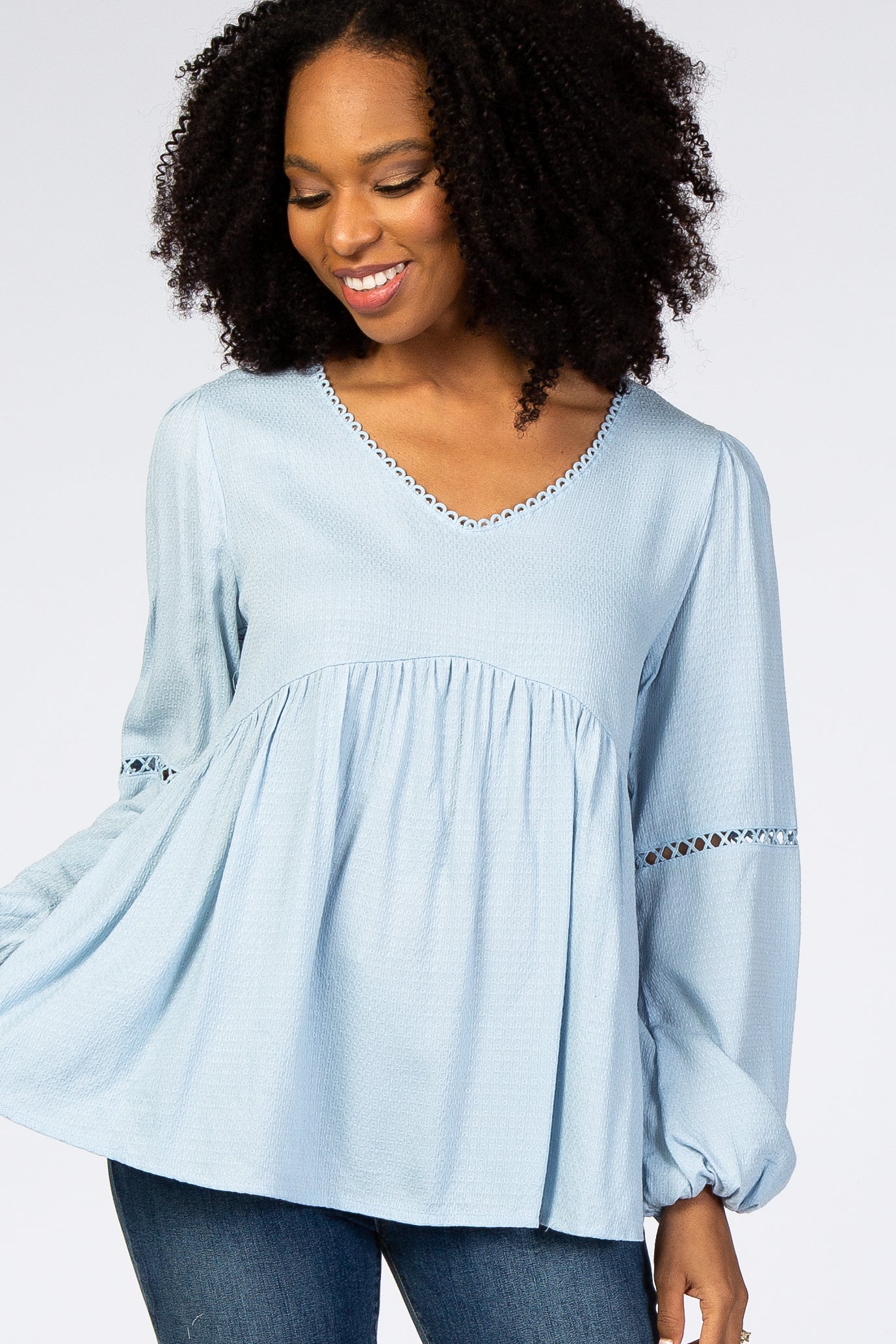 Light Blue Textured Crochet Trim Maternity Blouse– PinkBlush