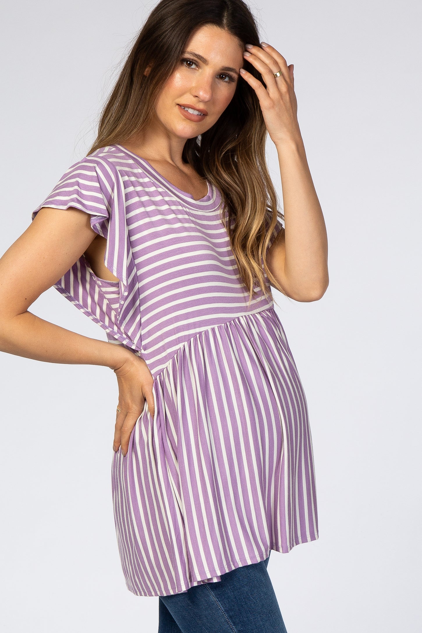 Lavender Striped Ruffle Sleeve Babydoll Maternity Top