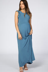 Blue Ruffle Sleeve Maternity Maxi Dress