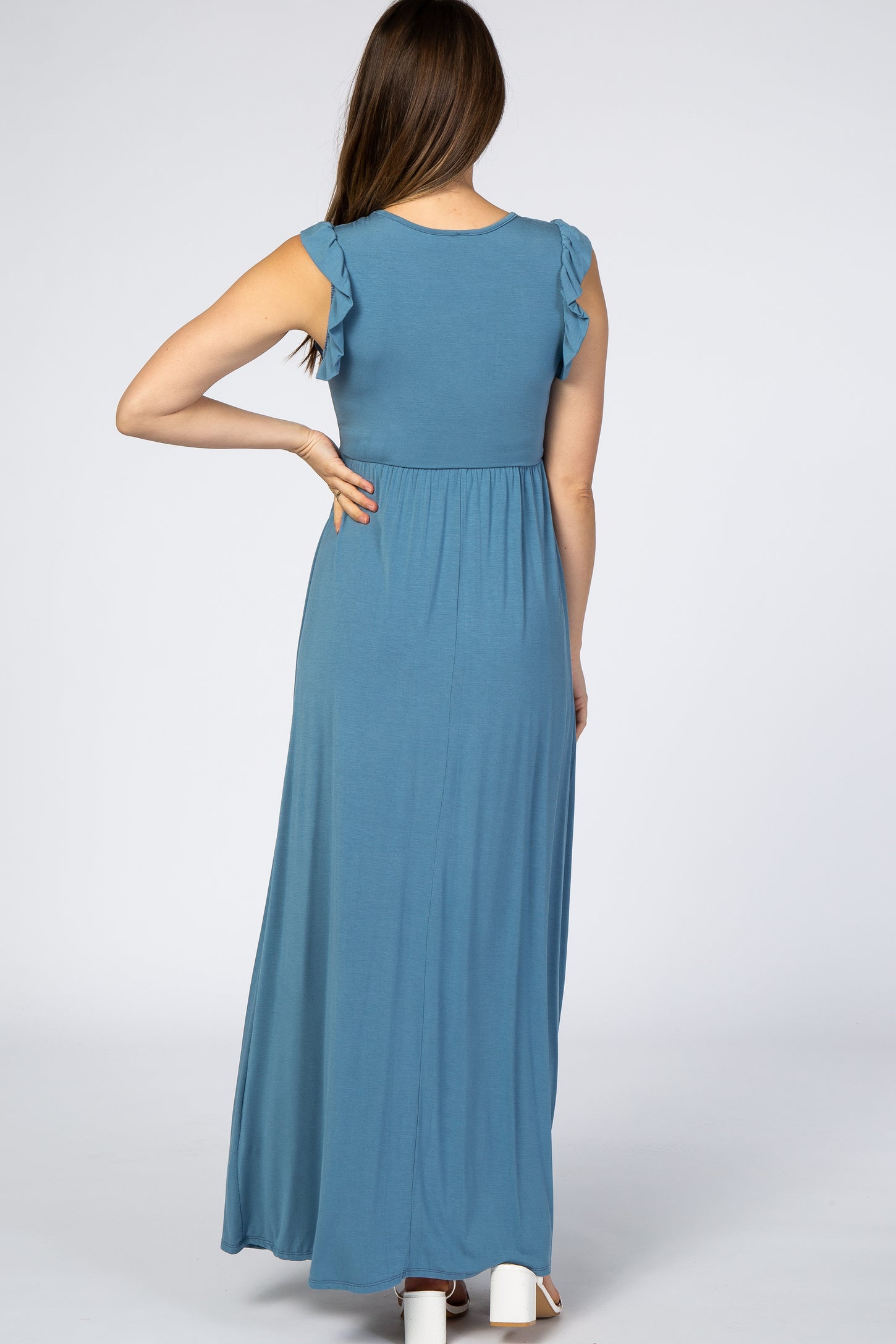 Blue Ruffle Sleeve Maternity Maxi Dress