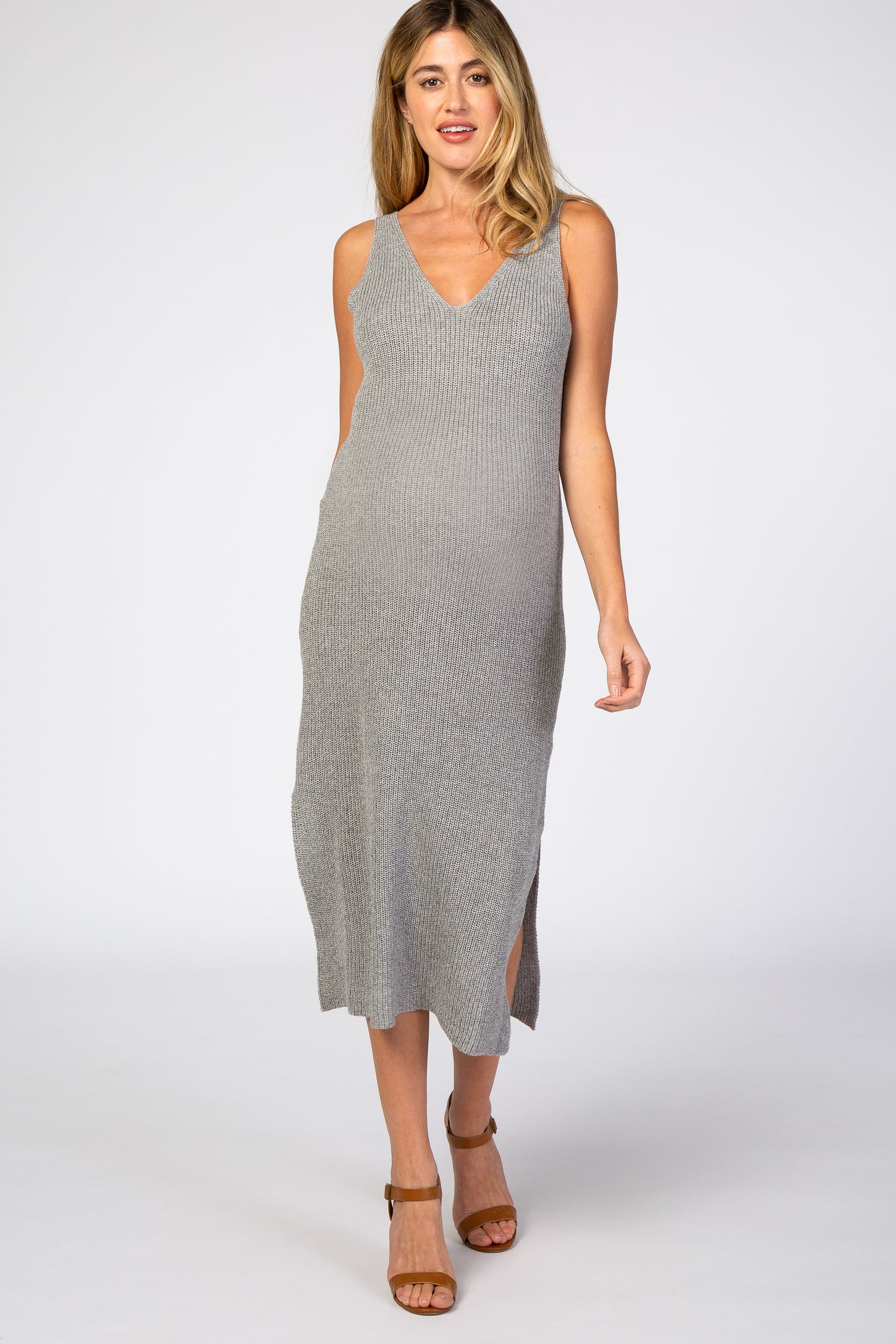 Heather Grey V-Neck Side Slit Maternity Midi Dress
