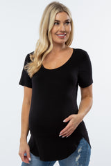 Black Ribbed Rounded Hem Short Sleeve Maternity Top