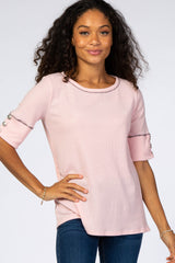 Light Pink Waffle Knit Button Sleeve Top