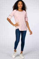 Light Pink Waffle Knit Button Sleeve Top
